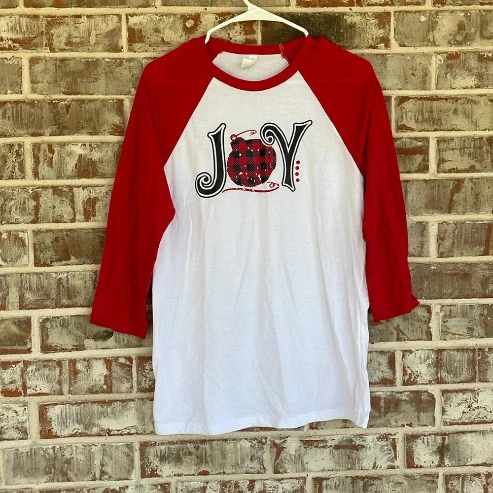 Bella Canvas White Red Raglan‎ Sleeve Christmas Joy ornament Holiday T-shirt